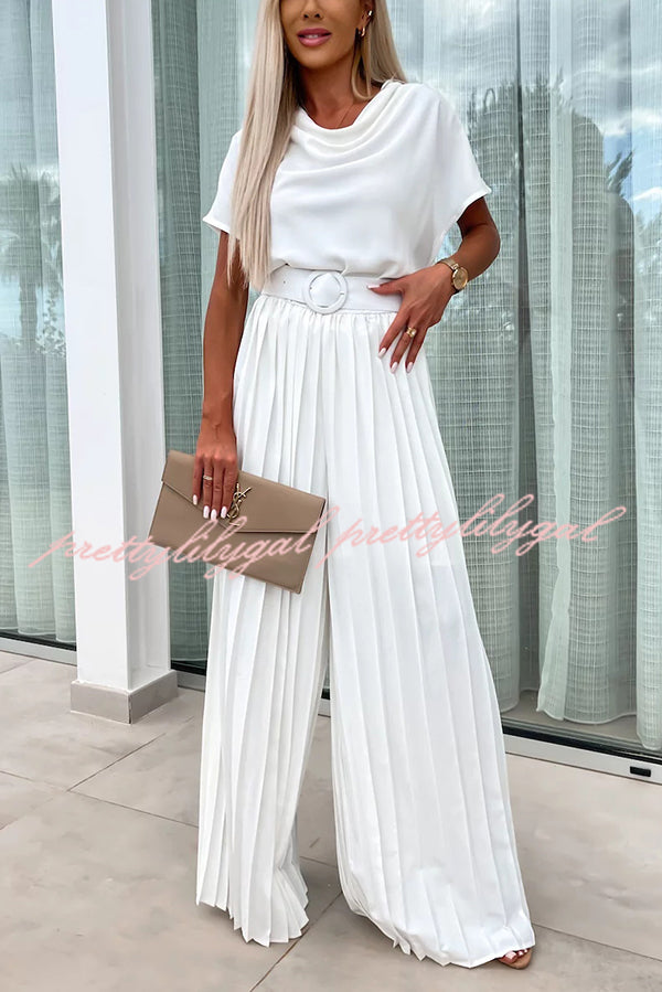 Ivy Cowl Neck Short Sleeve Belt Pleated Loose Wide Leg Jumpsuit