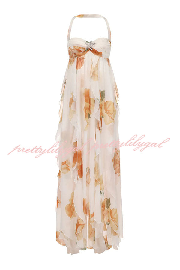 Mariah Floral Print Starfish Brooch Inverted Halter Neck Slit Ruffles Maxi Dress