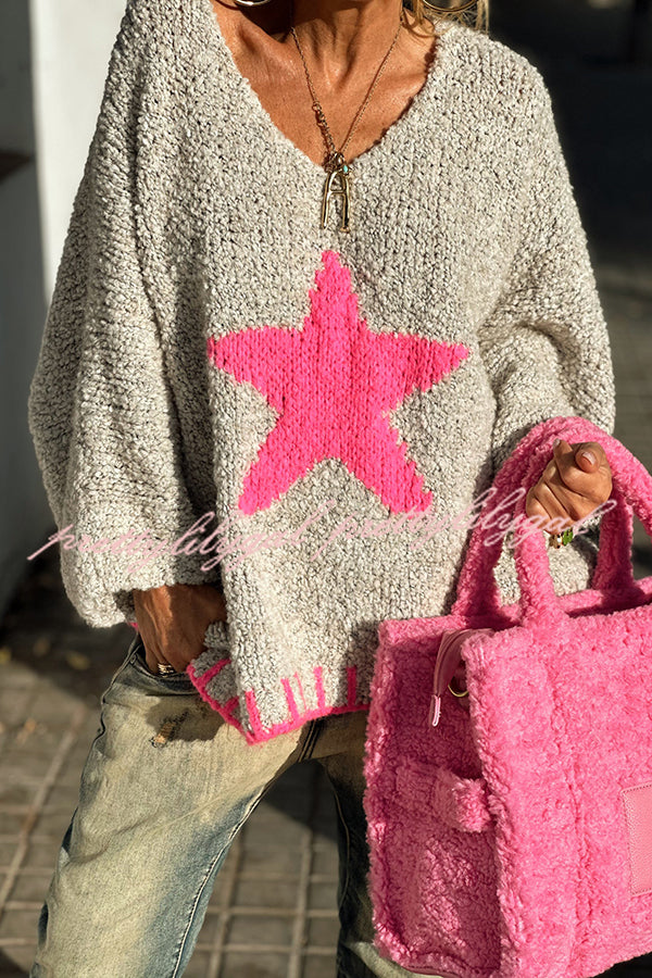 Warm Winter Day Texture Knit Star Pattern Contrast Color Loose Sweater