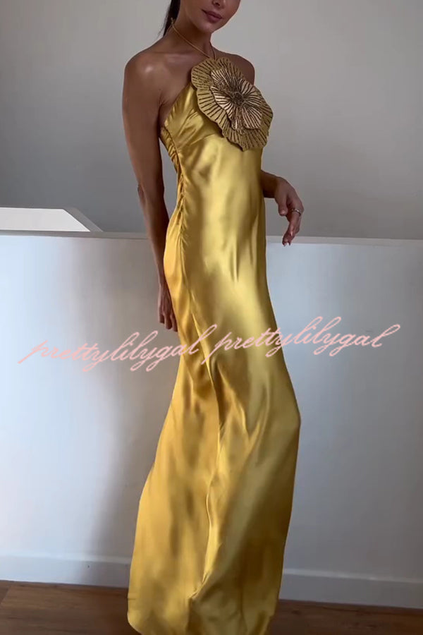 Fashionable Beaded Large Flower Decoration Halter Neck Backless Maxi Dress