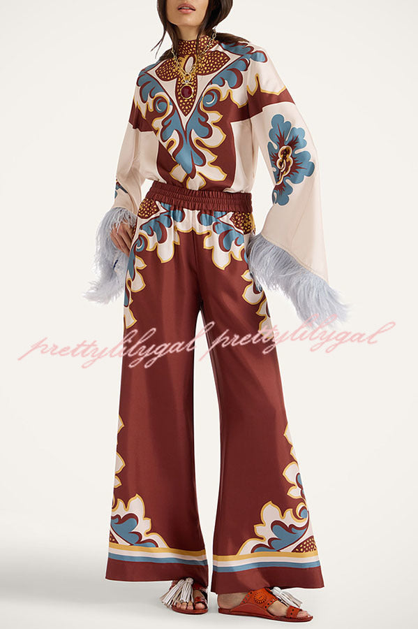 Bohemian Dreams Unique Print High Neck Feather Trim Bell Sleeve Top