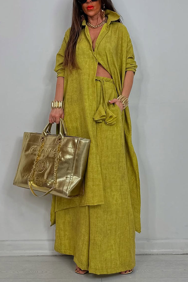Solid Color Casual Loose Long Shirt and Elastic Waist Pocket Wide Leg Pants Set
