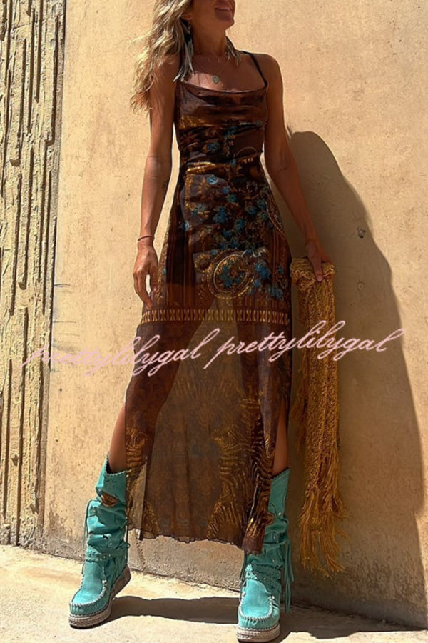 Gypsy Style Unique Print Cowl Neck Back Lace-up Slit Midi Dress