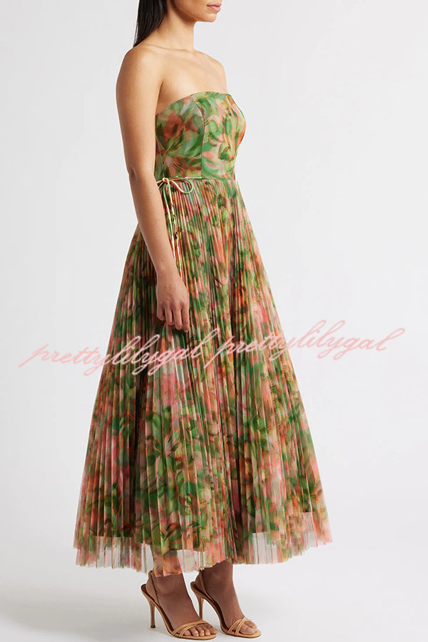 Romantic Factor Pleated Mesh Watercolor Print Bow Detail Strapless Maxi Dress