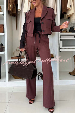 Fashion Lace Panel Long-sleeved Crop Top and Elastic Waist Tie Pocket Casual Pants Set