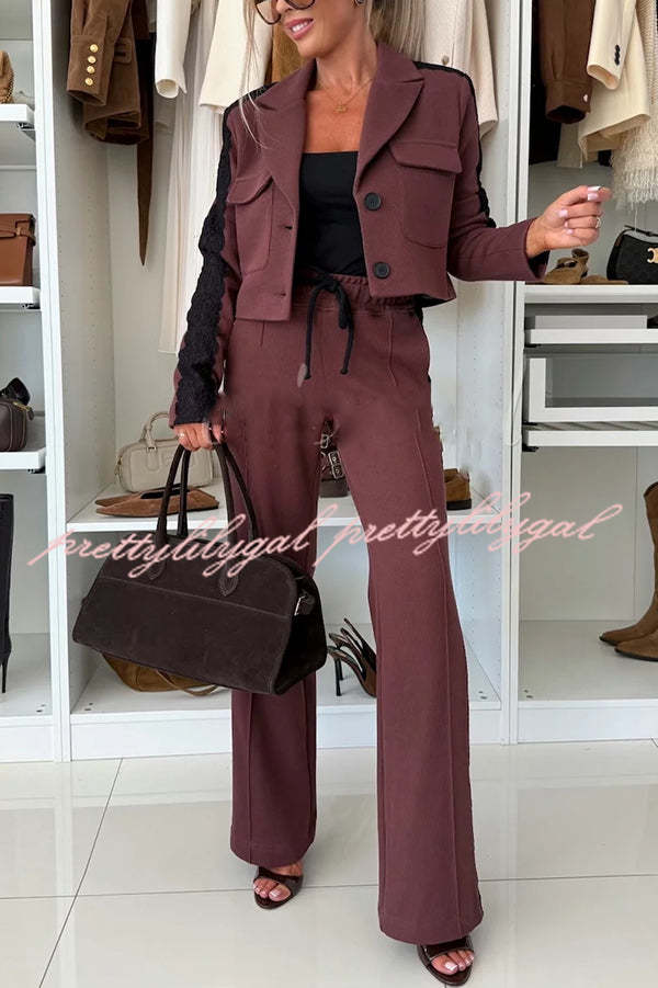 Fashion Lace Panel Long-sleeved Crop Top and Elastic Waist Tie Pocket Casual Pants Set