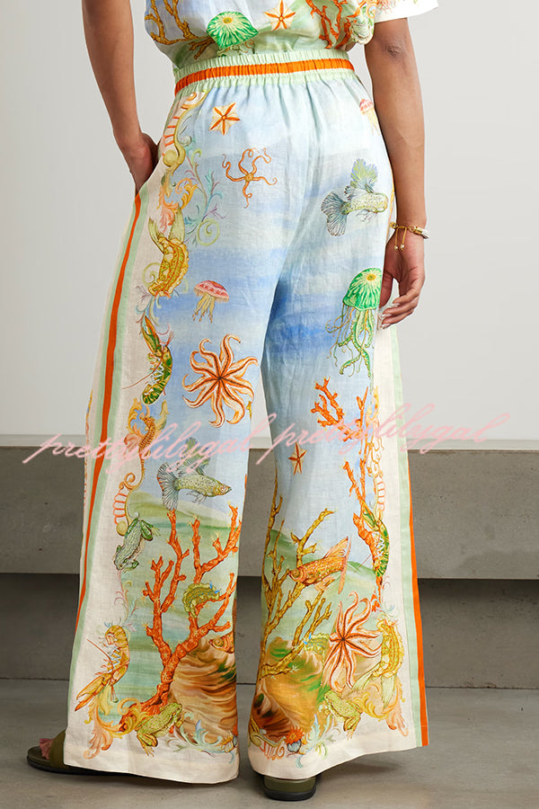 Unique Printed Lapel Short Sleeve Loose Shirt and Elastic Waist Casual Pocket Vacation Pants Set