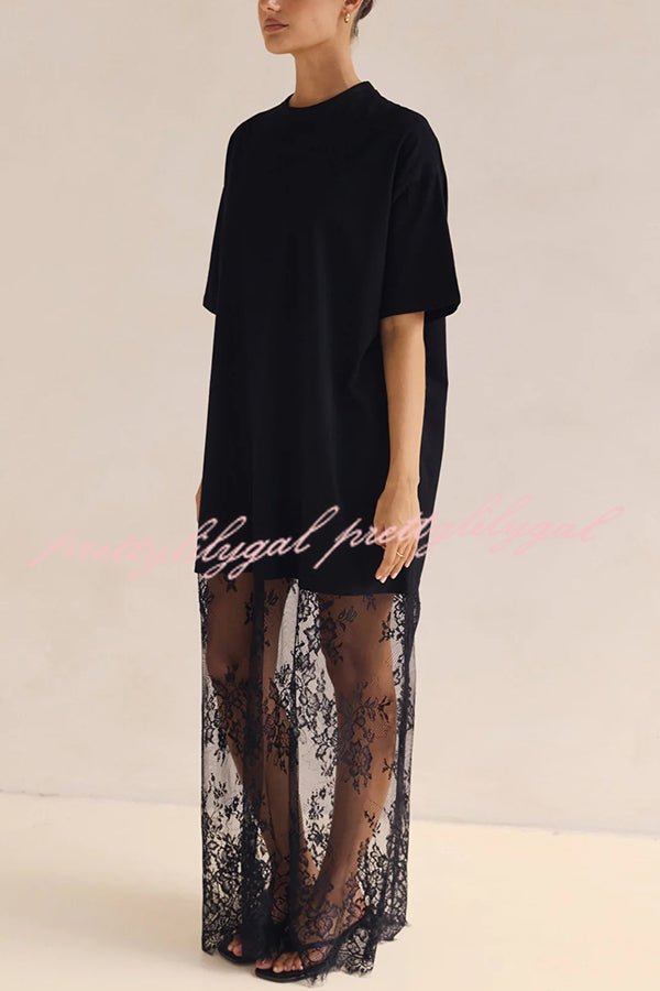 Ophelia Short Sleeve Sheer Floral Lace Hem Oversized T-shirt Maxi Dress