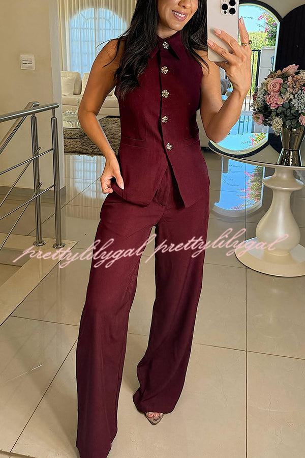 Fashion Lapel Sleeveless Button Vest and Casual Straight-leg Suit Pants Set