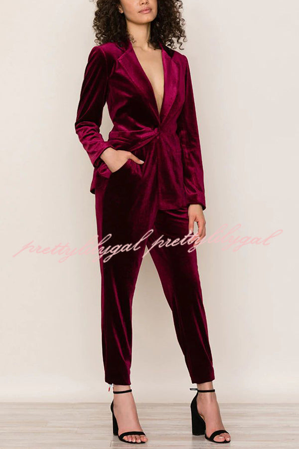 Solid Color Velvet Long-sleeve Blazer and Elastic Waist Pocket Pants Set