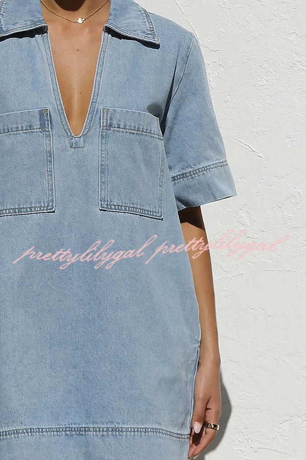 Amalie Light Denim Open Collar Pocketed Shift Style Mini Dress