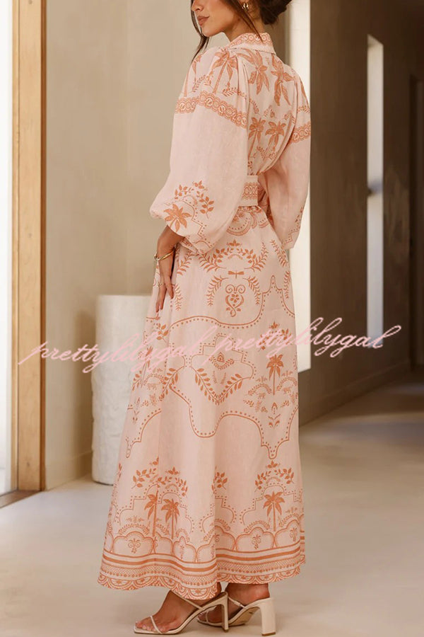 Linen Blend Lapel Puff Sleeve Casual Waist Belted Maxi Dress