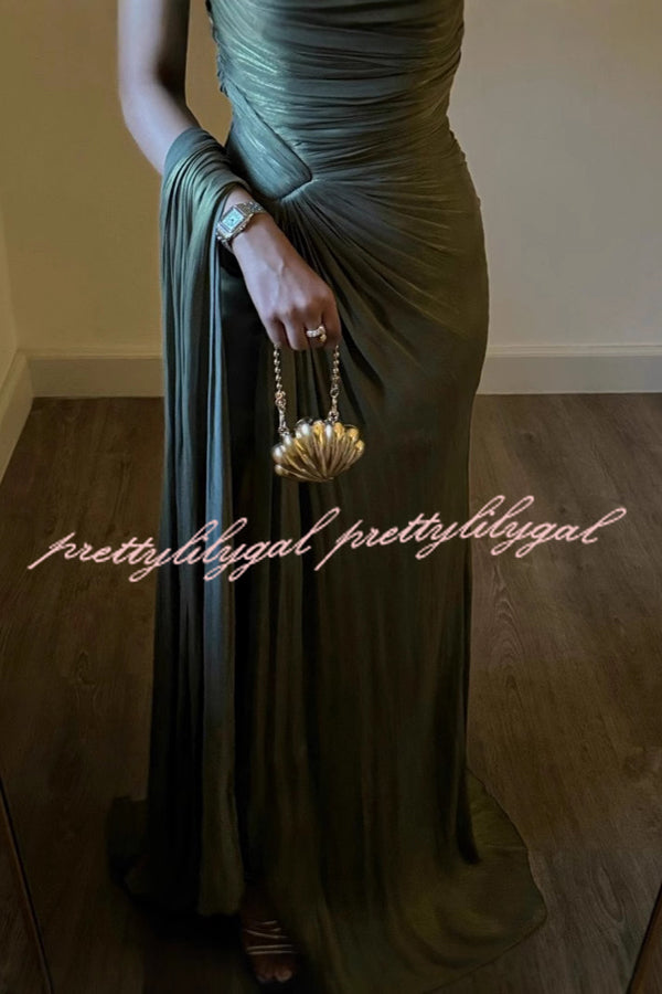 Fashion One-shoulder Pleated Ribbon Slim Slit Maxi Dress