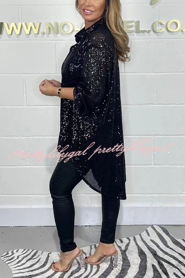 Party Season Solid Color Sequin Button Long Sleeve High Low Shirt