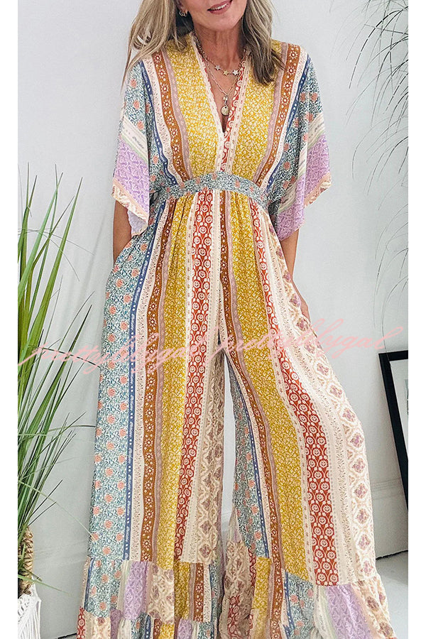 Last Queen Retro Floral Flare Sleeve Pocketed Loose Wide Leg Jumpsuit