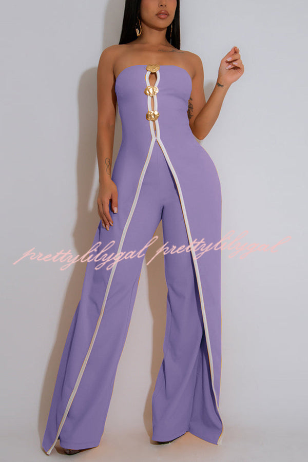 Fashionable Contrast Color Off-shoulder Metal Decoration Casual Elegant Jumpsuit