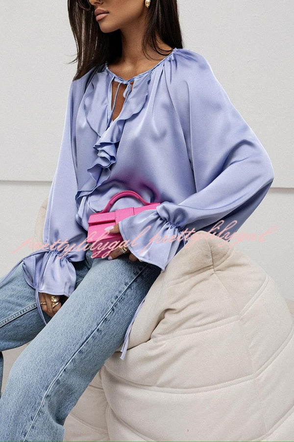 Satin Solid Color V-neck Tie Ruffle Casual Shirt