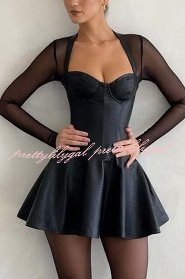 Fun and Flirty Faux Leather Mesh Sleeve Stretch Mini Dress