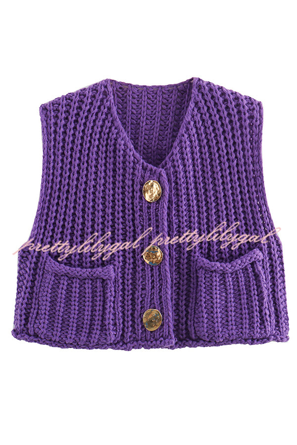 Solid Color Sleeveless Pocket Knitted Vest