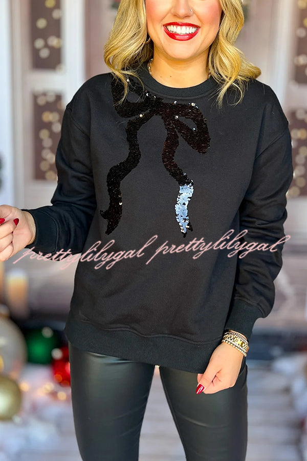 Christmas Bow Sequined Long Sleeve Casual Sweatshirt