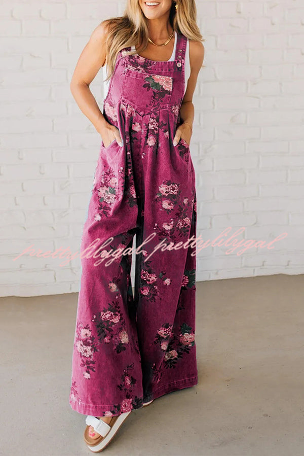 Fashion Floral Print Casual Button Pocket Loose Denim Overalls