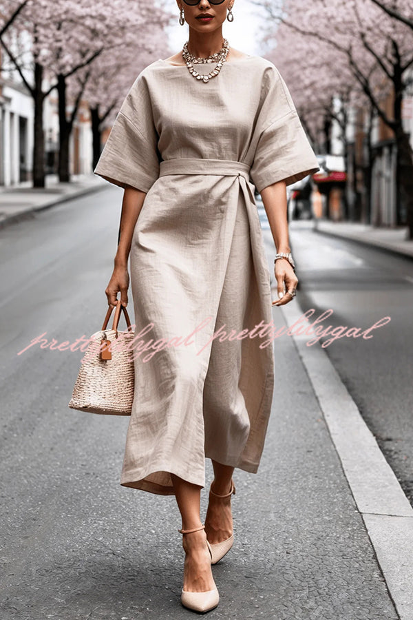Solid Color Round Neck Half Sleeve Casual Waist Midi Dress