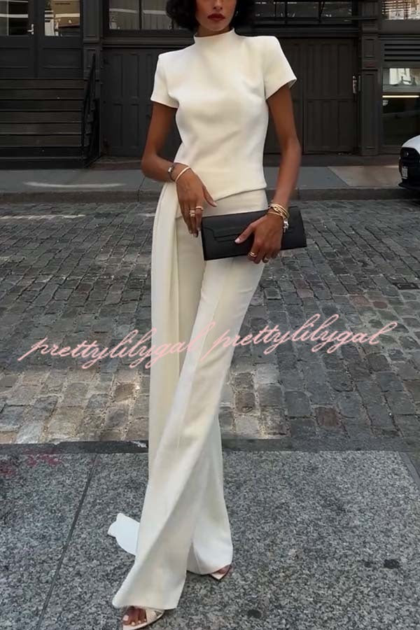 Pippa High Neck Short Sleeve Irregular Drape Hem Top and Elastic Waist Flare Pants Set