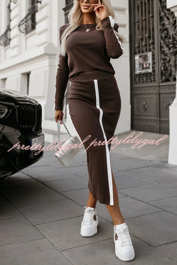 Stylish Paneled Long Sleeve Crew Neck Top and Elastic Waist Slit Midi Skirt Set