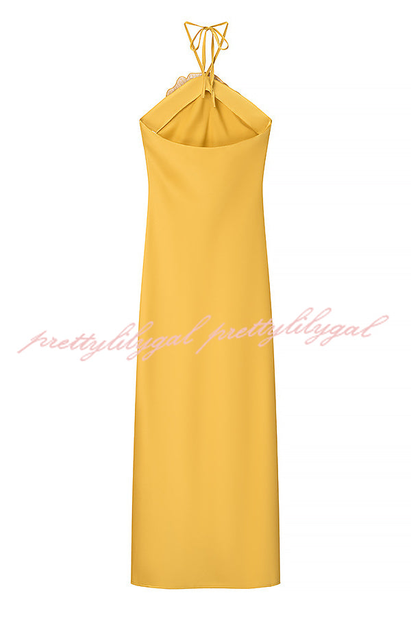 Fashionable Beaded Large Flower Decoration Halter Neck Backless Maxi Dress