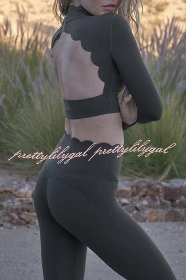 Open Back Petal Trim Long Sleeve Yoga Sports Crop Top