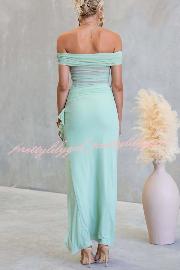 Sexy Mesh Off-shoulder Slim Fit Ruffled Slit Maxi Dress