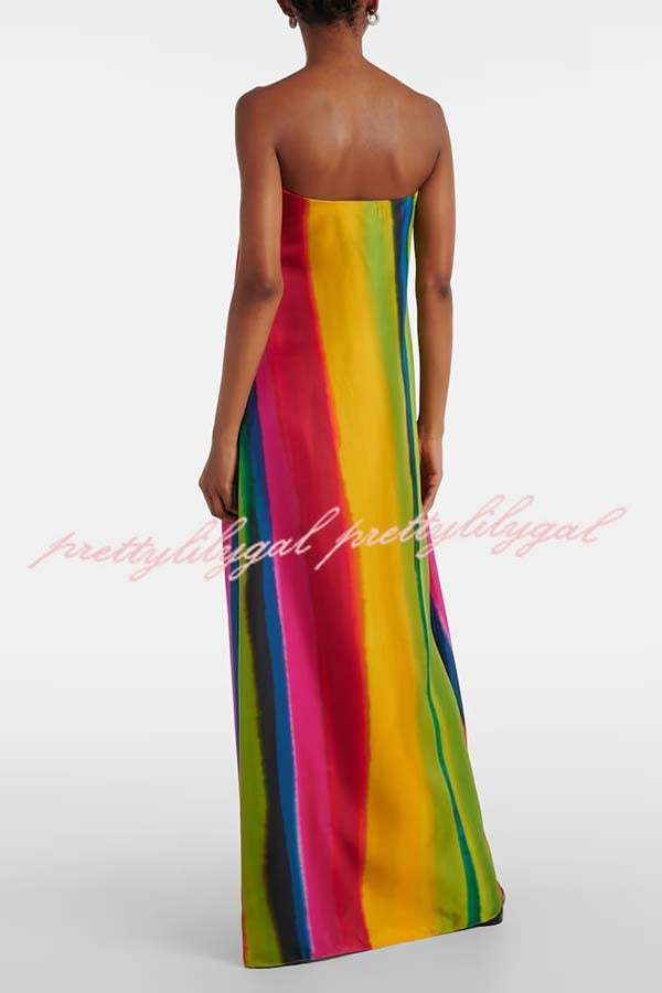 Artistic Rainbow Satin Watercolor Print Off Shoulder Pocketed H-line Maxi Dress