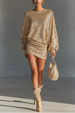 Glow Season Sequin Long Lantern Sleeve Ruched Hip Loose Mini Dress Glow Season Sequin Long Lantern Sleeve Ruched Hip Loose Mini Dress