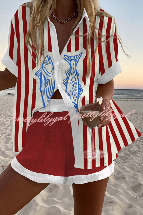 Striped Fish Print Loose Button Elastic Waist Shorts Set