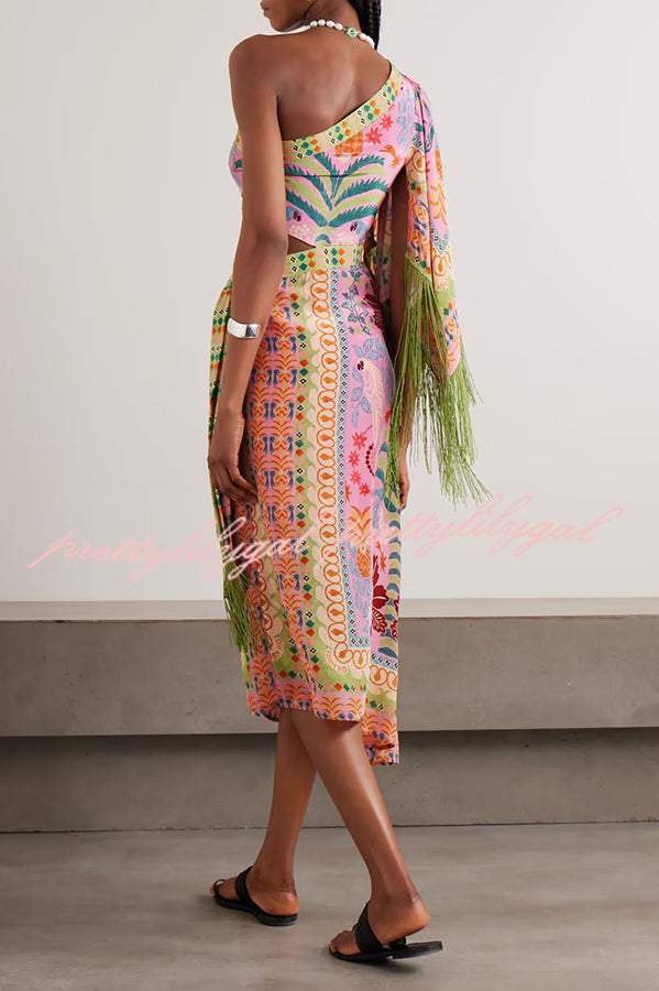 Fruits Queen Unique Print One Shoulder Fringe Detail Scarf Midi Dress