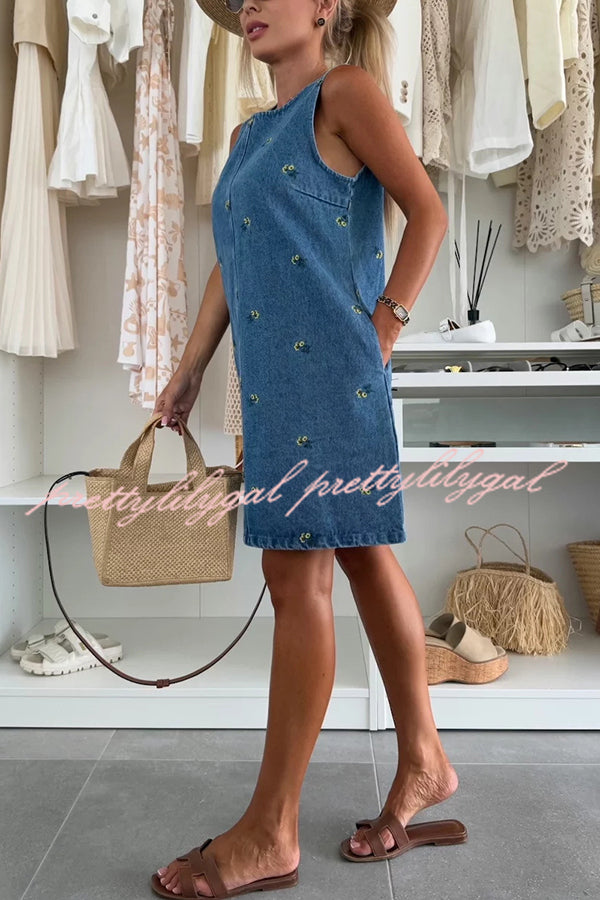 Floral Print Round Neck Sleeveless Loose Denim Mini Dress
