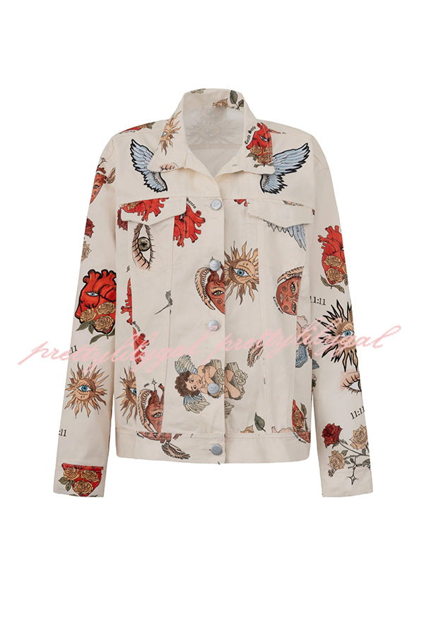 Angel Wings Denim Unique Print Button Up Long Sleeve Pocketed Relaxed Jacket