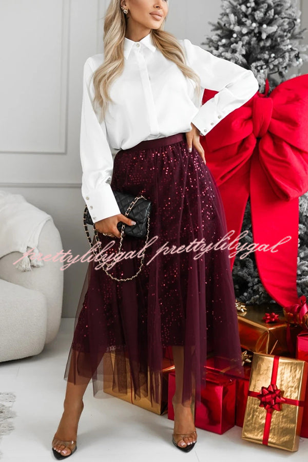 Party Daydream Sequin Tulle High Rise Elastic Waist Maxi Skirt