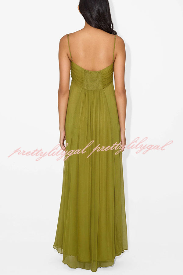 Soft and Elegant Metal Hollow Design Back Smocked A-line Slip Maxi Dress