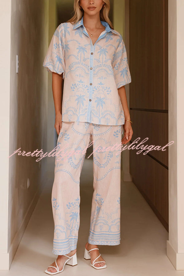Linen Blend Lapel Puff Sleeve Loose Shirt and Casual Pocket Straight Pants Set