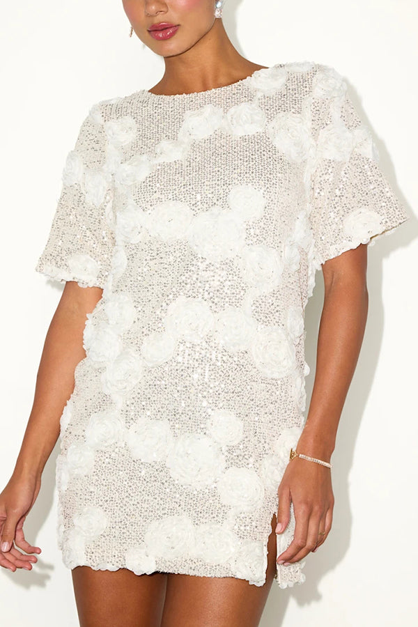 Feeling Exquisite Sequin-embellished Rose Texture Short Sleeve H-line Mini Dress