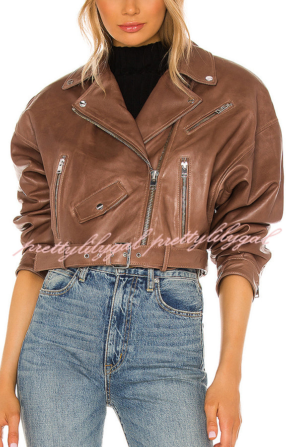 Fashion Lapel Long Sleeve Casual Zipper Pocket Leather Jacket