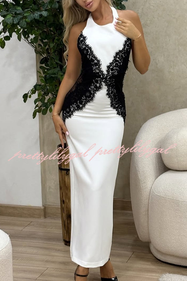 Sexy Halterneck Lace Paneled Backless Slim Maxi Dress
