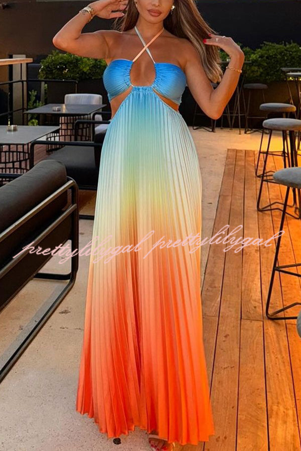 Get Ready Beautiful Gradient Print Cutout Halterneck Pleated Maxi Dress