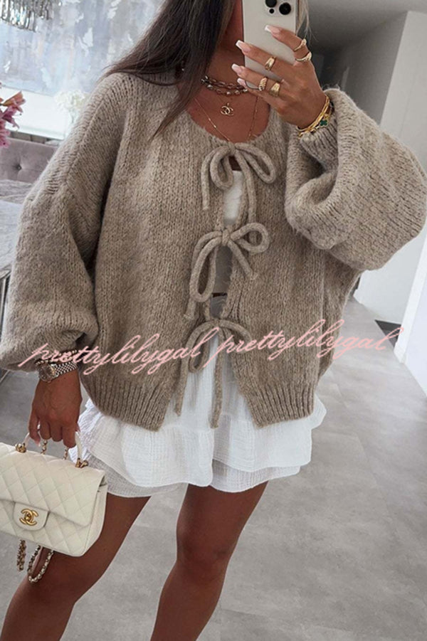 Solid Color Long-sleeved V-neck Lace-up Loose Knitted Sweater
