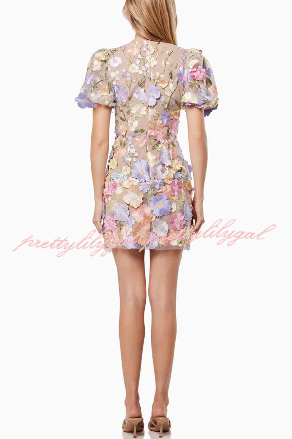 Garden Gala Embroidered Floral Applique Puff Sleeve Mini Dress