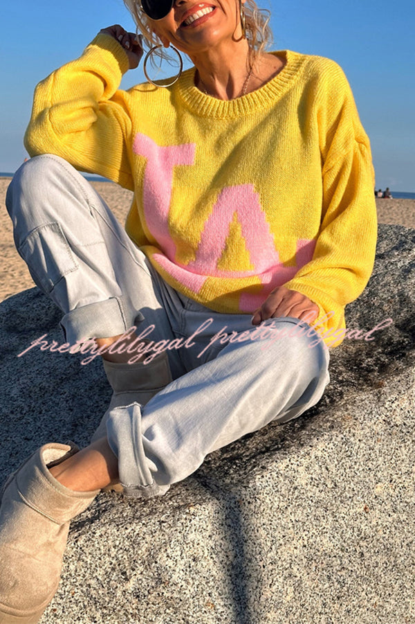 Letter Pattern Crew Neck Long Sleeve Loose Knit Sweater