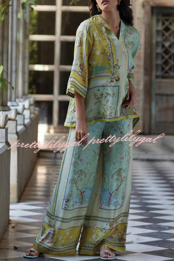 Elonie Satin Floral Print V-neck Half Sleeve Top and Elastic Waist Wide Leg Pants Set
