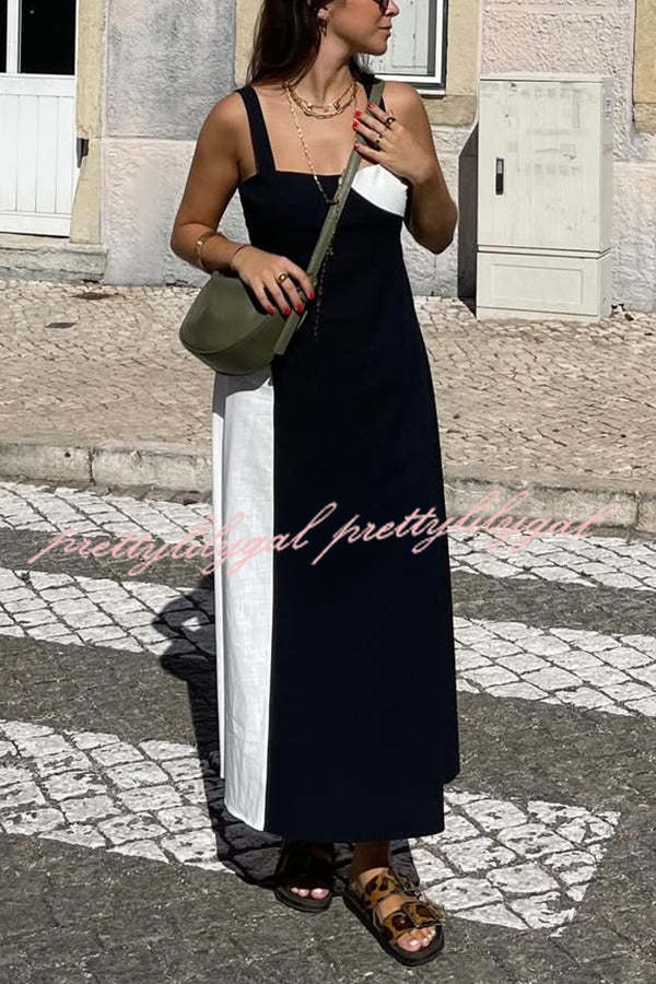 Simple and Stylish Contrast Color Sling Back Smocked Maxi Dress