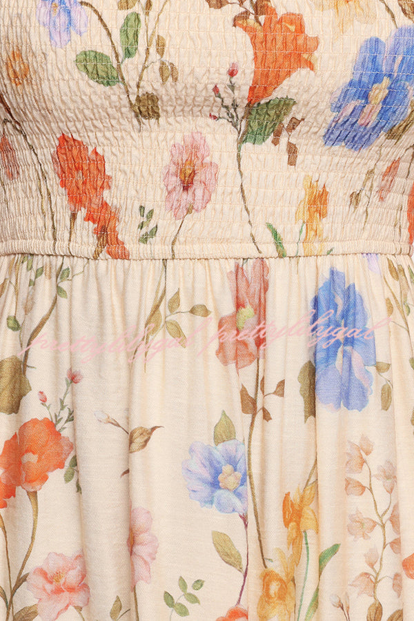 Dreamy Floral Print Square Neck Puff Sleeve Smocked Maxi Dress